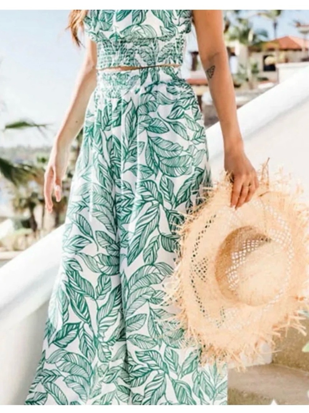 Pink Lily 2 piece set White Wide-Leg Pants & crop tank with Green Leaf Print